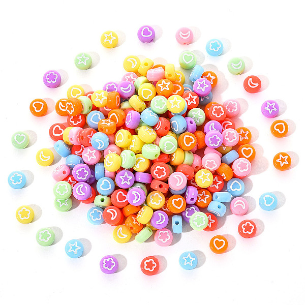 

PandaHall Opaque Acrylic Beads, Flat Round with White Heart & Flower & Moon & Star, Mixed Color, 7x4mm, Hole: 1.6mm, 200pcs/set Acrylic Flat..., Multicolor