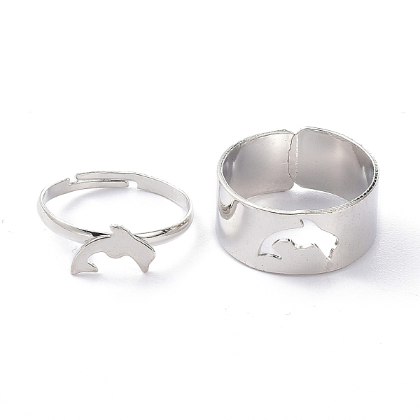 PandaHall Alloy Adjustable Rings Set, Couple Rings, Dolphin, Platinum, 2~9mm, Inner Diameter: 17~18mm, 2pcs/set Alloy Dolphin