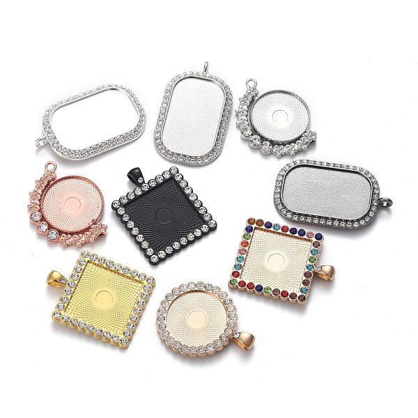 

PandaHall Alloy Pendant Cabochon Settings, with Crystal Rhinestone, Mixed Shapes, Flat Round, Mixed Color, 43~51.5x31~34x3~4mm, Hole: 3~4mm..., Clear