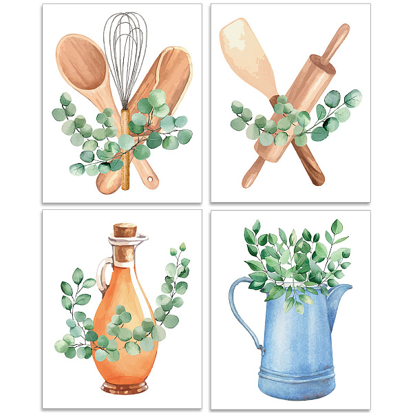 arricraft 4 Pcs Boho Kitchen Tools Poster, 4 Styles Unframed Egg Beater Rolling Pin Green Plant Picture Painting Minimalist Dining Room Artwork for Restaurant Kitchen Dining Room 10.03x8.07