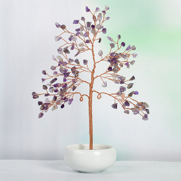 

PandaHall Undyed Natural Amethyst Chips Tree of Life Display Decorations, with Porcelain Bowls, Copper Wire Wrapped Feng Shui Ornament for...