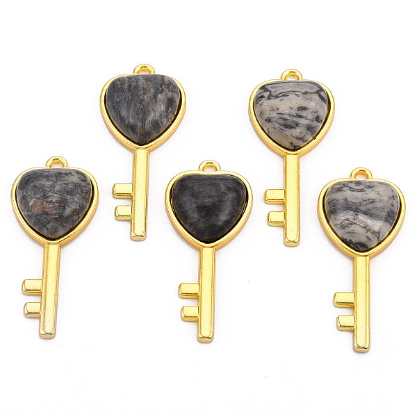 

PandaHall Natural Map Stone/Picasso Stone/Picasso Jasper Pendants, with Light Gold Plated Brass Findings, Key with Heart Charm...