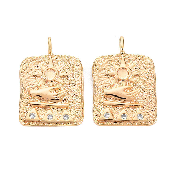 

PandaHall Brass Micro Pave Clear Cubic Zirconia Pendants, Nickel Free, Textured, Rectangle with Sun & Hand, Real 18K Gold Plated...