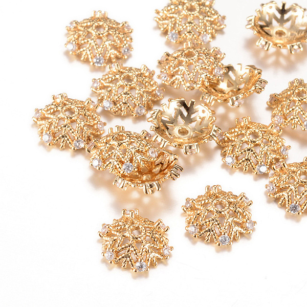 

PandaHall Brass Fancy Bead Caps, with Rhinestone, Flower, Light Gold, 12.5x3mm, Hole: 1mm Brass+Rhinestone Clear