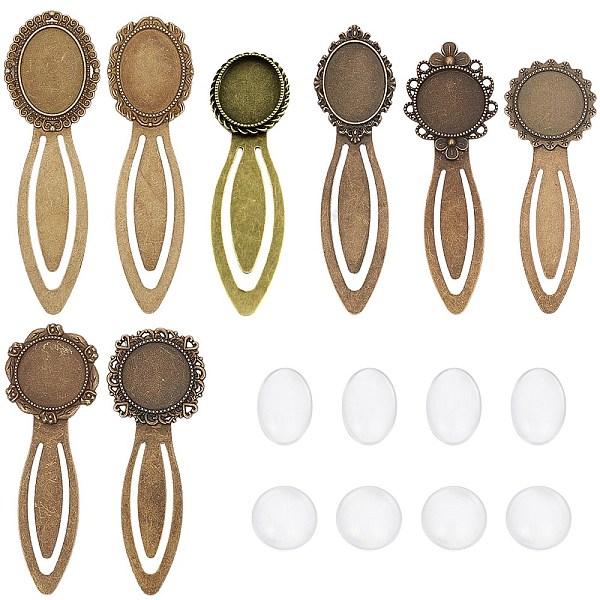 

PandaHall SUNNYCLUE 1 Box 16Pcs DIY 8 Sets Vintage Bookmark Metal Antique Bronze Bookmark Bezel Tray Cabochon Bookmarks Making Kit Clear...
