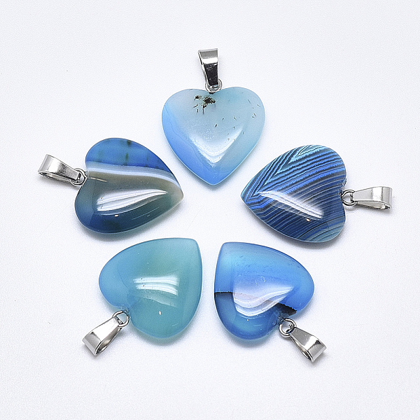 

PandaHall Natural Banded Agate/Striped Agate Pendants, Dyed, with Stainless Steel Snap On Bails, Heart, Stainless Steel Color, Sky Blue...