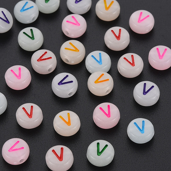 

PandaHall Acrylic Beads, Glow in the Dark, with Enamel and Luminous, Horizontal Hole, Flat Round with Alphabet, Letter.V, 6.5x7x4mm, Hole..., Multicolor