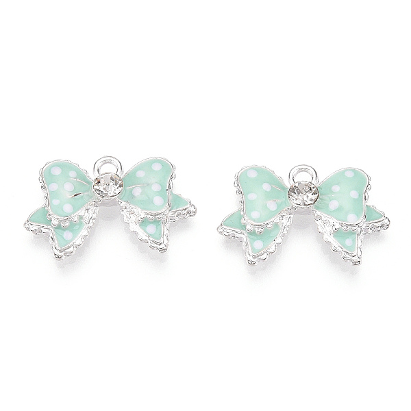 

PandaHall Alloy Enamel Pendants, with Rhinestone, Bowknot, Silver Color Plated, Aquamarine, 16x25x5mm, Hole: 1.5mm Alloy Rhinestone+Enamel..., Green