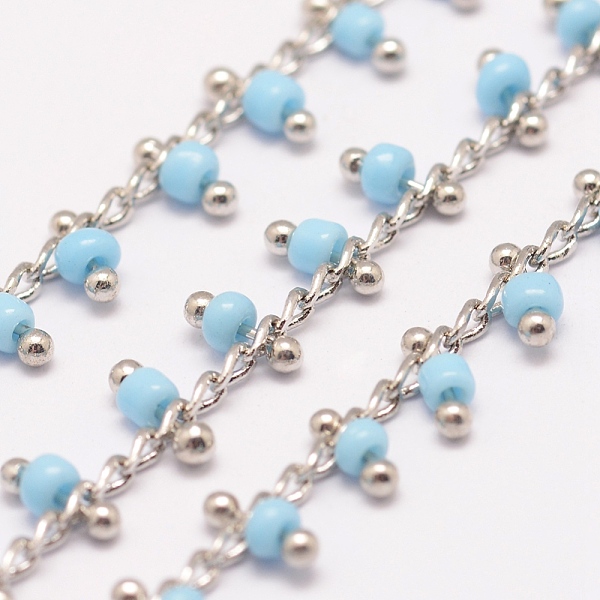 

PandaHall 3.28 Feet Handmade Seed Beaded Chains, Soldered, with Brass Findings, Light Sky Blue, 6x2~3mm Brass+Glass