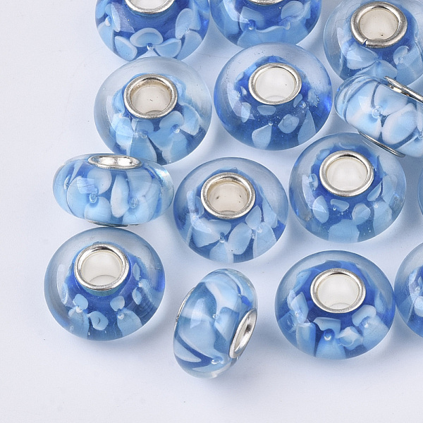 

PandaHall Handmade Lampwork European Beads, Inner Flower, Large Hole Beads, with Silver Color Plated Brass Single Cores, Rondelle, Dodger..., Blue