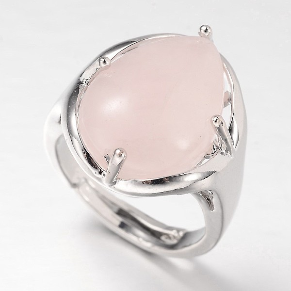 

PandaHall Teardrop Platinum Tone Brass Gemstone Adjustable Wide Band Rings, Rose Quartz, 18mm, Tray: 20x17mm Rose Quartz