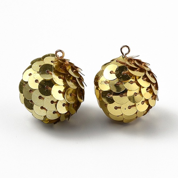 

PandaHall Sparkly Paillette Plastic Pendant Decorations, Ball Shape, Dark Goldenrod, 26x21mm, Hole: 1.8mm Plastic Round