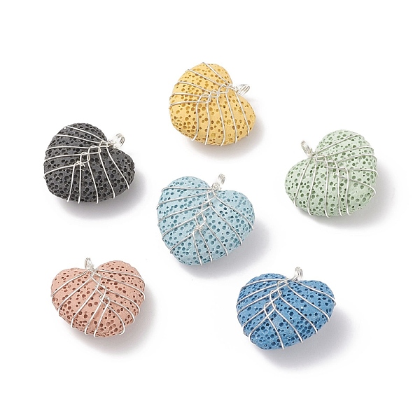 

PandaHall Natural Lava Rock Pendants, with Silver Tone Copper Wire Wrapped, for Perfume Essential Oil Charm, Dyed, Heart...
