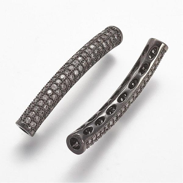 

PandaHall Brass Micro Pave Cubic Zirconia Tube Beads, Tube, Curved, Clear, Gunmetal, 31.5x4.2mm, Hole: 2mm Brass+Cubic Zirconia Tube Clear