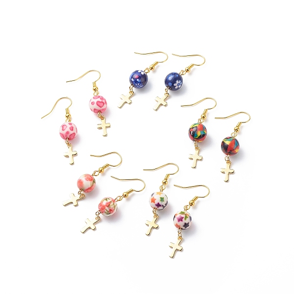 

PandaHall Resin Round Bead with Cross Dangle Earrings, Gold Plated Brass Jewelry for Women, Mixed Color, 45mm, Pin: 0.8mm Resin Multicolor
