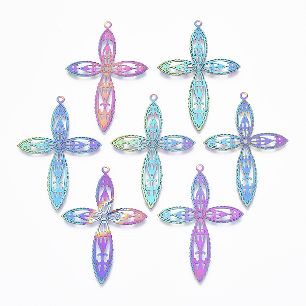 

PandaHall Ion Plating(IP) 201 Stainless Steel Filigree Pendants, Etched Metal Embellishments, Cross, Rainbow Color, 45.5x32x0.4mm, Hole...