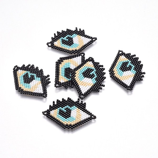 

PandaHall MIYUKI & TOHO Handmade Japanese Seed Beads Links, Loom Pattern, Eye, Black, 27~28x40~42x1.7mm, Hole: 2mm Glass Eye Black