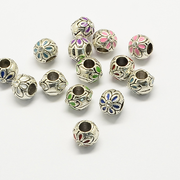 

PandaHall Alloy Rhinestone Enamel Style European Beads, Large Hole Round Beads with Flower, Mixed Color, 10x9mm, Hole: 4.5mm Alloy..., Multicolor