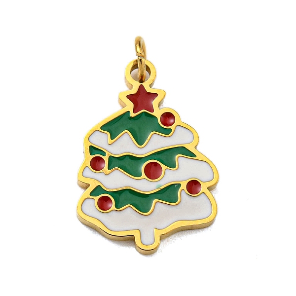

PandaHall Christmas Theme Ion Plating(IP) 304 Stainless Steel Pendants, with Enamel and Jump Ring, Golden, Christmas Tree, 17x12x1mm, Hole...
