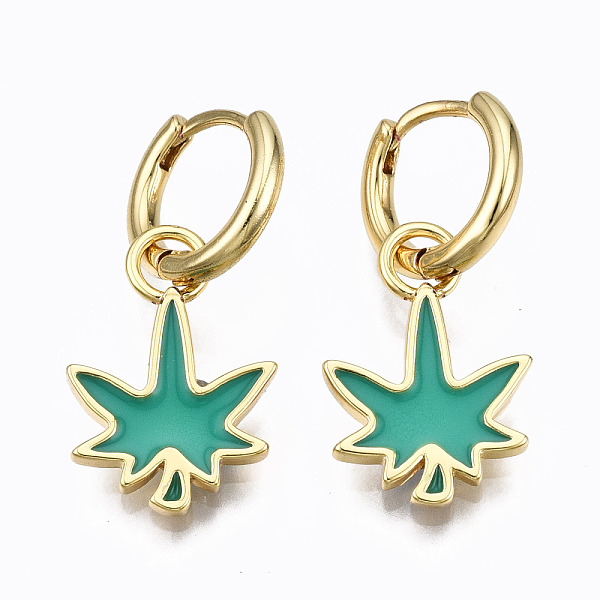 

PandaHall Brass Enamel Huggie Hoop Earrings, Nickel Free, Real 16K Gold Plated, Maple Leaf, Green, 27x13mm, Pin: 1mm Brass Leaf Green