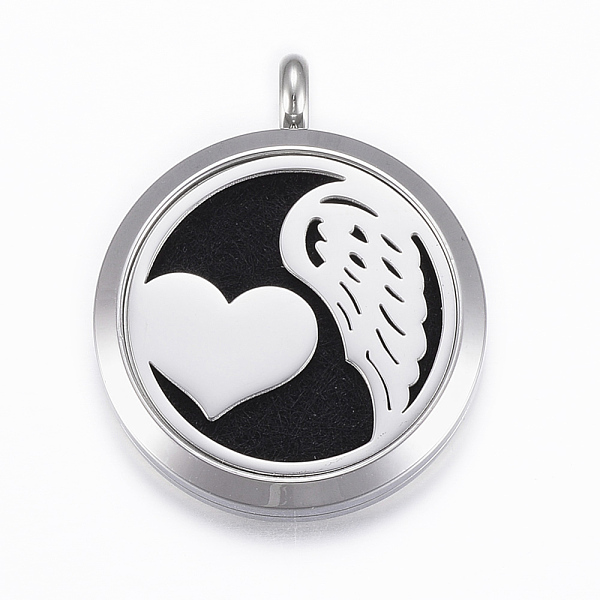 PandaHall 316 Surgical Stainless Steel Diffuser Locket Pendants, with Perfume Pad and Magnetic Clasps, Flat Round with Heart and Wing...