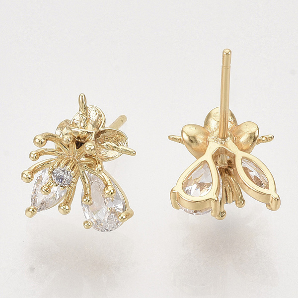 

PandaHall Brass Micro Pave Clear Cubic Zirconia Stud Earring Findings, For Half Drilled Beads, Nickel Free, Flower, Real 18K Gold Plated...