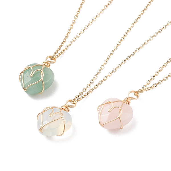 

PandaHall Gemstone Heart Pendant Necklaces, 304 Stainless Steel Wire Wrap Jewelry for Women, Golden, 17.72 inch(45cm) Mixed Stone