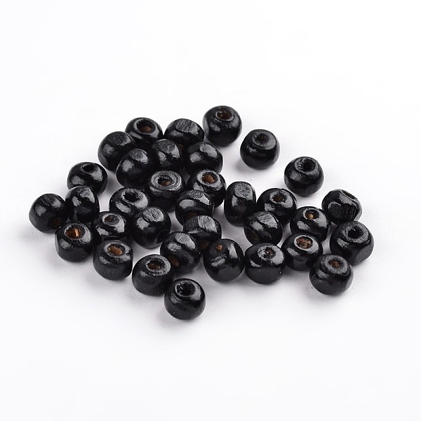 PandaHall Dyed Natural Wood Beads, Round, Nice for Children's Day Gift Making, Lead Free, Black, about 6~7mm wide, 5~6mm high, Hole: 1.5mm...