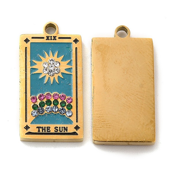 

PandaHall 304 Stainless Steel Pendants, with Enamel and Rhinestone, Golden, Rectangle with Tarot Pattern, The Sun XIX, Dark Cyan...