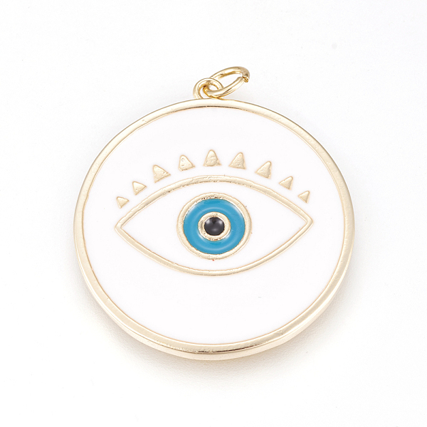 

PandaHall Brass Enamel Pendants, Long-Lasting Plated, Lead Free & Cadmium Free & Nickel Free, Flat Round with Evil Eye, Real 18K Gold Plated..., White