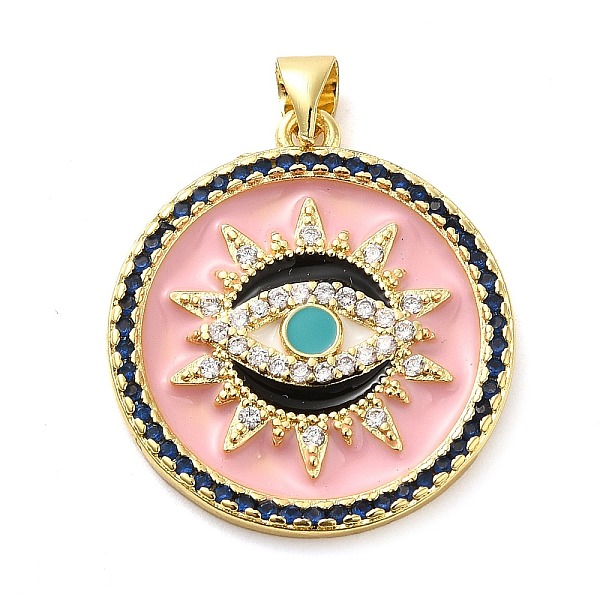 

PandaHall Real 18K Gold Plated Brass Clear Cubic Zirconia Pendants, with Enamel, Flat Round with Evil Eye, Pink, 25x22.5x2.5mm, Hole...