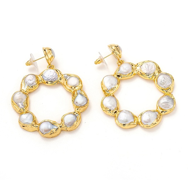 

PandaHall Natural Pearl Dangle Stud Earrings, with Golden Plated Edge Brass Findings and Earring Backs, Ring, Seashell Color, 64mm, Pin...