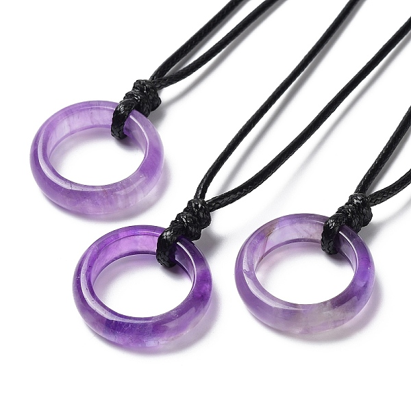 

PandaHall Natural Amethyst Ring Pendant Necklace with Waxed Cords, 29.53~29.92 inch(75~76cm), Pendant: 24x6mm Amethyst Ring