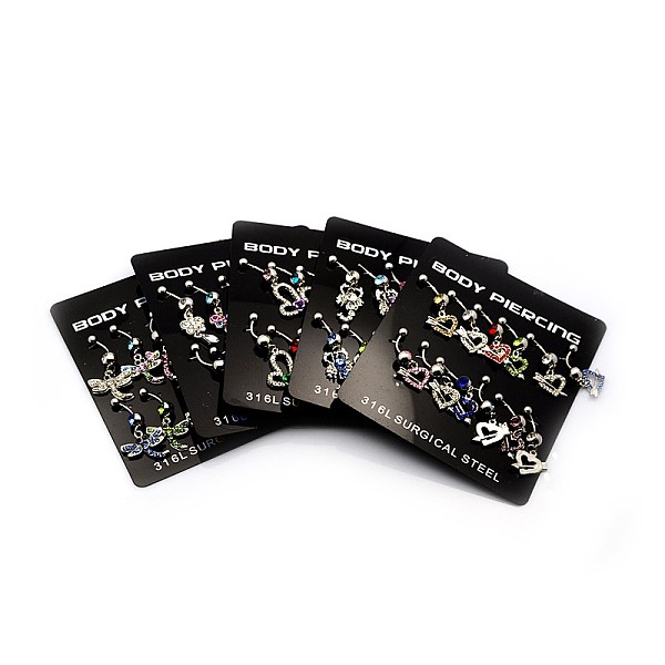 

PandaHall Mixed 316L Surgical Stainless Steel Dangle Belly Button Rings, with Alloy Rhinestone Charms, Mixed Color, 25x8~10mm, Bar Length..., Multicolor