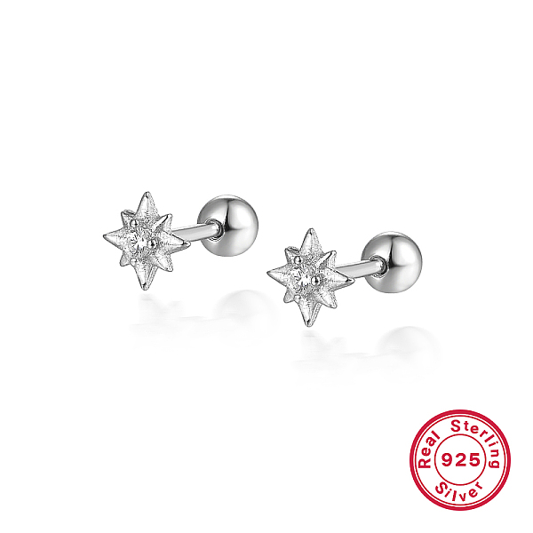 Elegant Sterling Silver Star Screw Earrings With Diamond Inlay