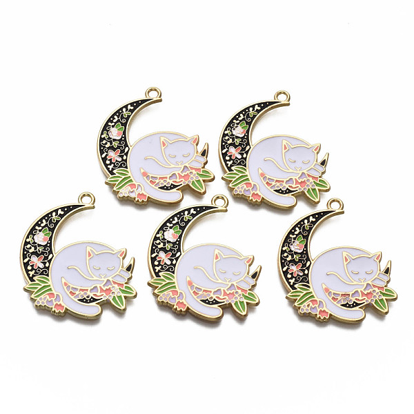 

PandaHall Alloy Enamel Pendants, Light Gold, Cadmium Free & Nickel Free & Lead Free, Moon with Cat, White, 33x27.5x1.5mm, Hole: 2mm...
