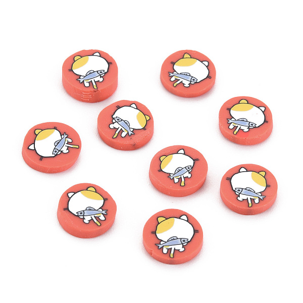 

PandaHall Handmade Polymer Clay Cabochons, Flat Round with Cat, Tomato, 9~9.5x1.5~2mm, about 5800pcs/1000g Polymer Clay Cat Shape Red