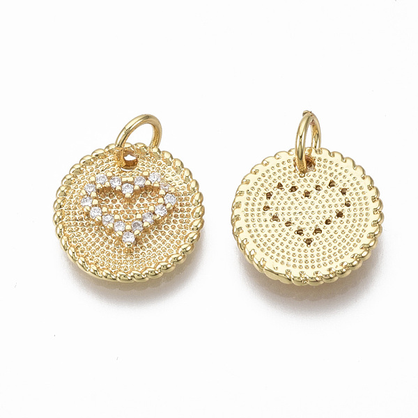 

PandaHall Brass Micro Pave Clear Cubic Zirconia Charms, Flat Round with Heart and Jump Ring, Nickel Free, Real 18K Gold Plated, 13x2mm, Hole...
