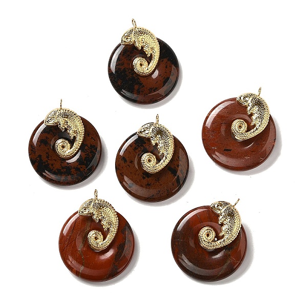 

PandaHall Natural Mahogany Obsidian/Red Jasper Donut Pendants, Ion Plating(IP) 304 Stainless Steel Lizard Charms, Golden, 36x30x14mm, Hole...