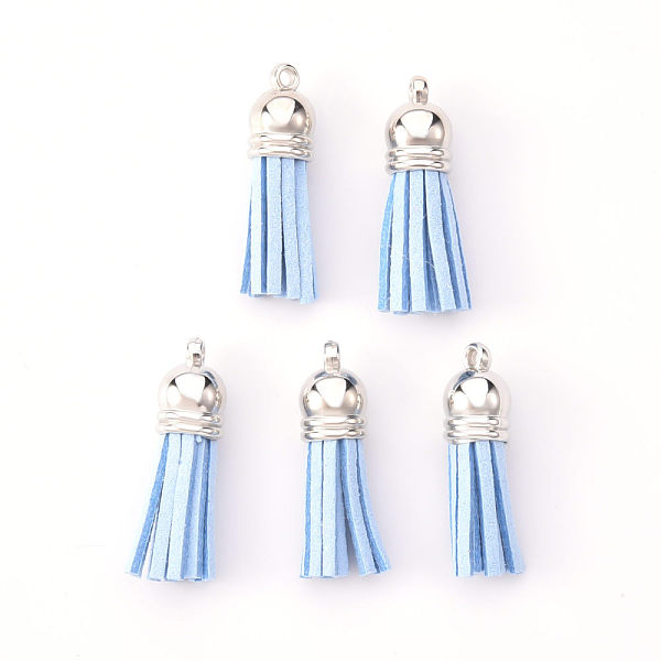 

PandaHall Faux Suede Tassel Pendant Decorations, with CCB Plastic Cord Ends, Platinum, Light Sky Blue, 33~35x10mm, Hole: 2.5mm Faux Suede