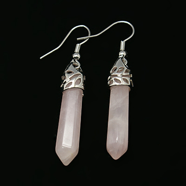 

PandaHall Fashion Natural Rose Quartz Dangle Earrings, with Alloy Earring Hooks, 50~56x8mm, Pin: 1mm Rose Quartz Pink