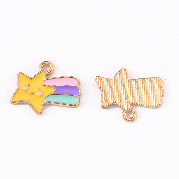

PandaHall Alloy Enamel Pendants, Smiling Face Meteor with Rainbow, Light Gold, Yellow, 14x17x1.5mm, Hole: 1.6mm Alloy+Enamel Star Yellow