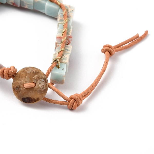 

PandaHall Natural Regalite/Imperial Jasper/Sea Sediment Jasper Beaded Bracelets, with PU Leather Cord, Cube, Inner Diameter: 7-3/4 inch...