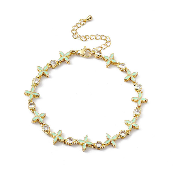 

PandaHall Pale Green Enamel Flower & Cubic Zirconia Link Chain Bracelet, Brass Jewelry for Women, Golden, 7-1/2 inch(19.1cm) Cubic Zirconia