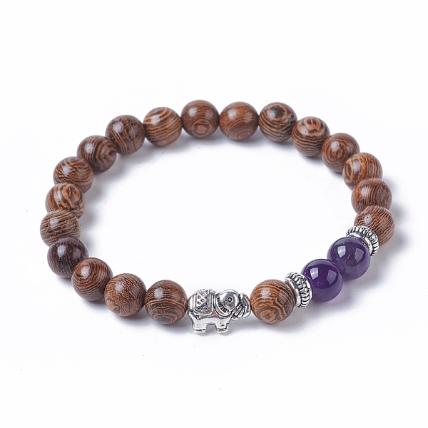 PandaHall Dyed Wood Round Beads Stretch Bracelets, with Natural Amethyst Beads, Tibetan Style Antique Silver Plated Alloy Elephant Beads &...
