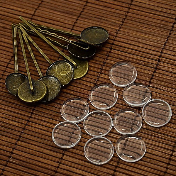PandaHall 18mm Transparent Clear Domed Glass Cabochon Cover for Iron Hair Bobby Pin DIY Making, Antique Bronze, 63x19x2mm Iron
