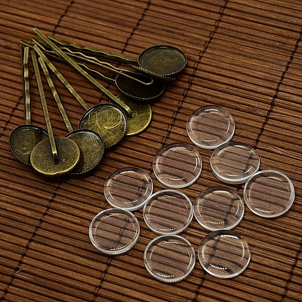 

PandaHall 18mm Transparent Clear Domed Glass Cabochon Cover for Iron Hair Bobby Pin DIY Making, Antique Bronze, 63x19x2mm Iron