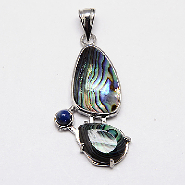 

PandaHall Abalone Shell/Paua Shell Pendants, with Lapis Lazuli Beads and Brass Pendant Settings, teardrop, Platinum Metal Color, Colorful...