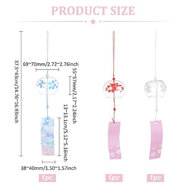 Benecreat 3 個 3 スタイル和ガラスラウンド桜柄風鈴