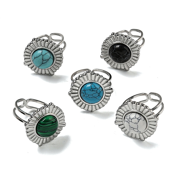 

PandaHall Flat Round 304 Stainless Steel Open Cuff Rings, Synthetic Malachite & Turquoise Finger Rings for Women Men, Stainless Steel Color...